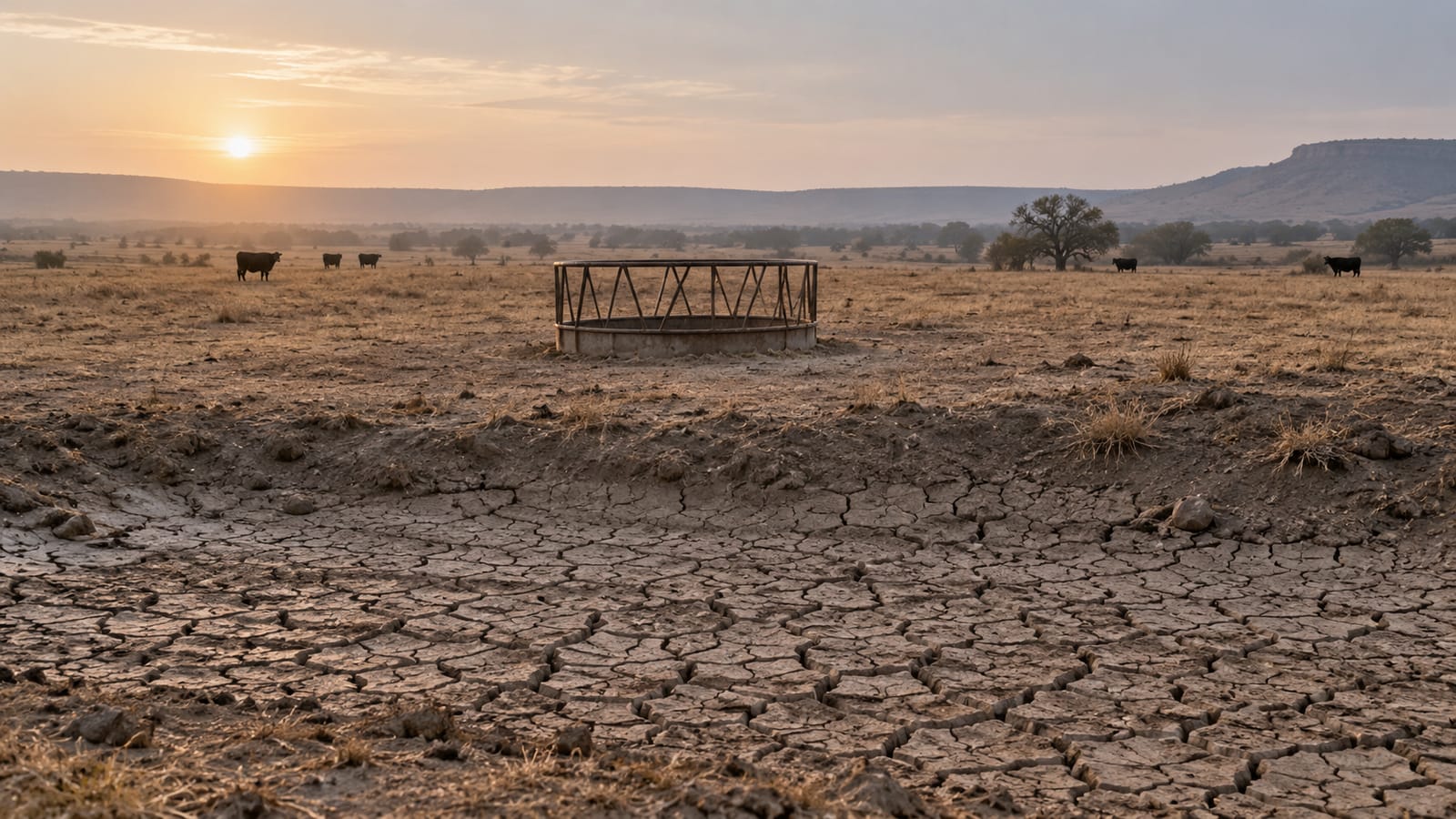 An empty hay ring in a bare drought pasture with black cattle in the distance and a cracked dry pond bed in the foreground.