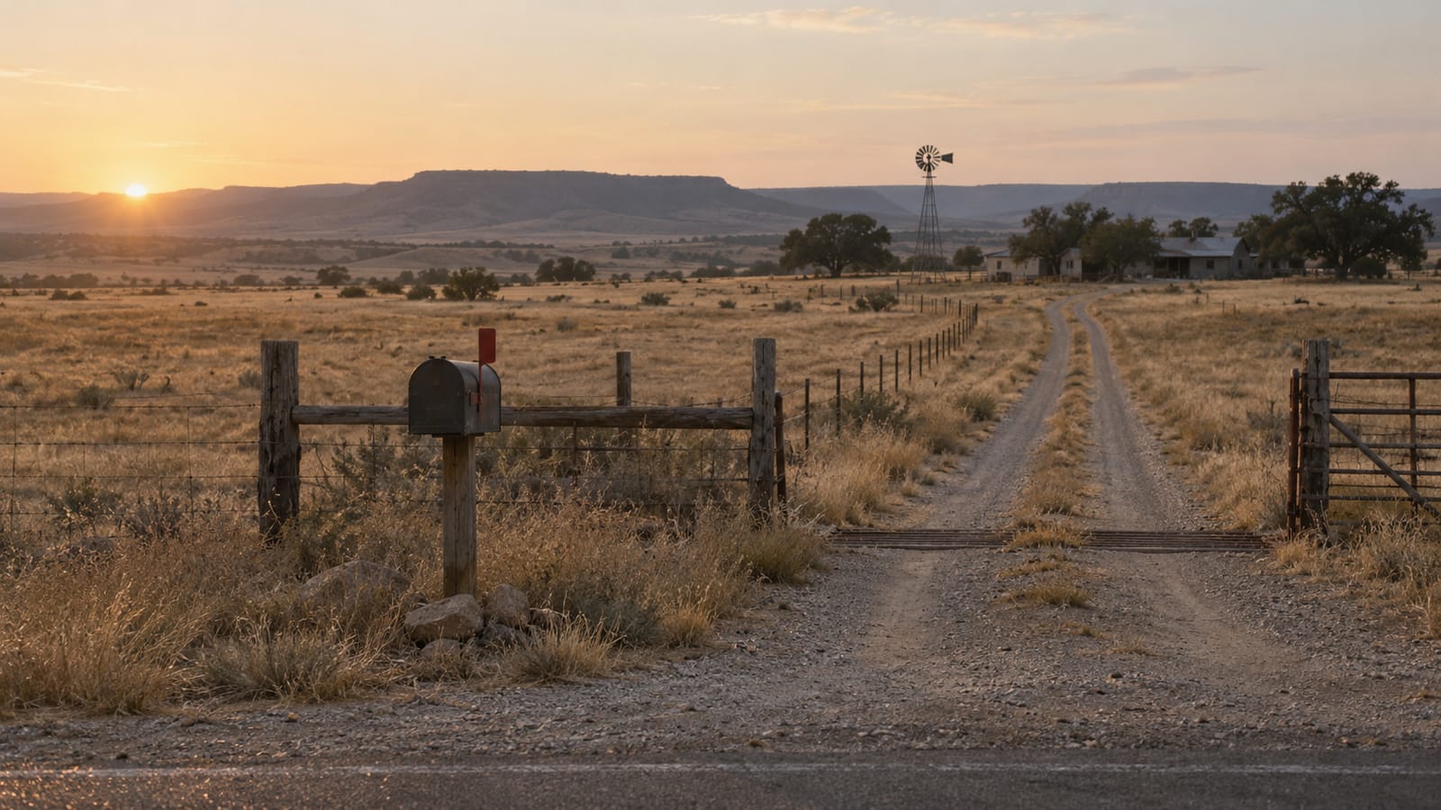 A rural mailbox with the flag up at the end of a gravel ranch drive, dry grass and fence posts in morning light.