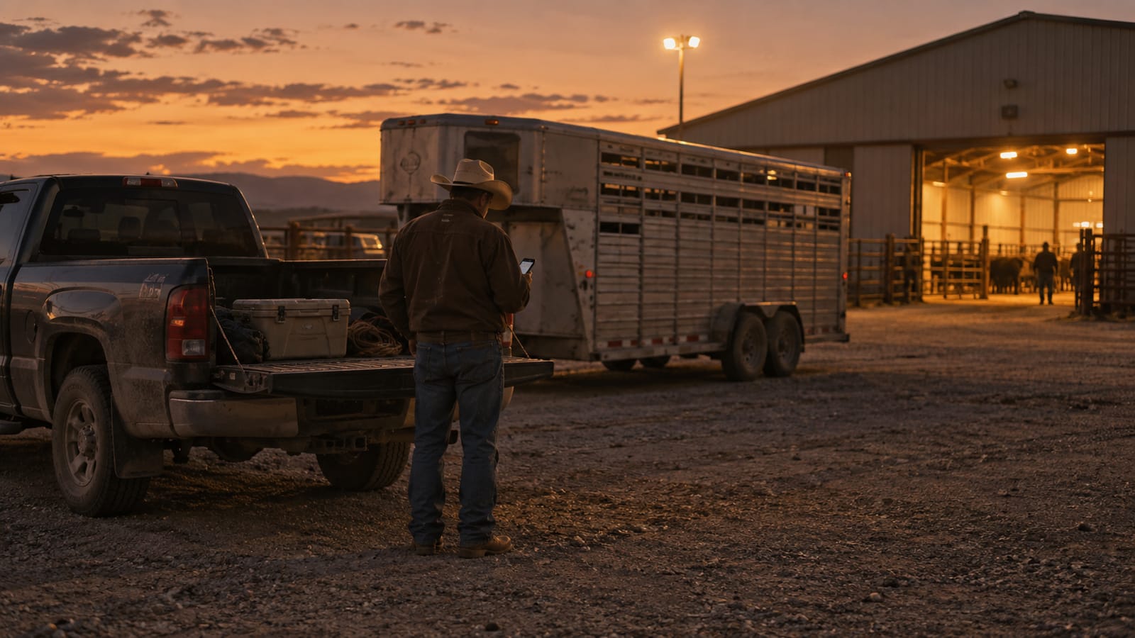 A rancher seen from behind at a feed store lot at dusk, phone in hand, pickup tailgate down and a cattle trailer alongside.